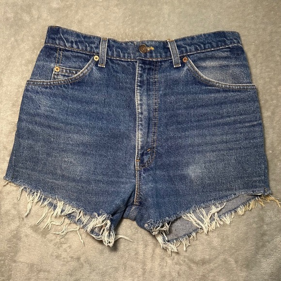 Levis 575 Jean Shorts Women Size 29x3 Orange Tab High Waist‎ Cut Off Dark Denim - Picture 3 of 13